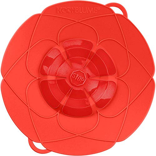 Kochblume The Original, Silicone Boil Over Protector for Pots and Pans, Microwave Lid, Splash Guard and Steamer Attachment (Red, M, Pot Size 14-20 cm)