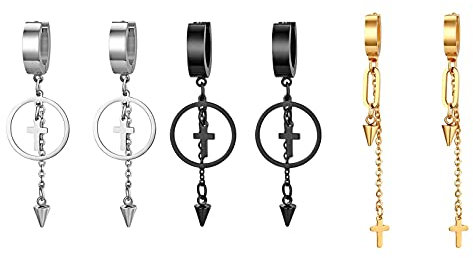 Flongo 3 Paar Kreuz Ohrringe aus Edelstahl Creolen Ohrringe mit Kreuz Anhänger Damen Ohrringe Herren Ohrstecker Hängendes Kreuz Schmuck Geschenk zu Ostern Weihnachten Halloween