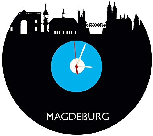 bigcopy e.K. Wanduhr Magdeburg Skyline, blau-weiß, hochwertige Acrylglas Uhr mit lautlosem Quarzwerk, 3mm Stärke