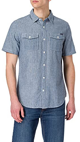 Superdry M4010329A Chemise boutonnée, Indigo Linen Stripe, 2XL Homme