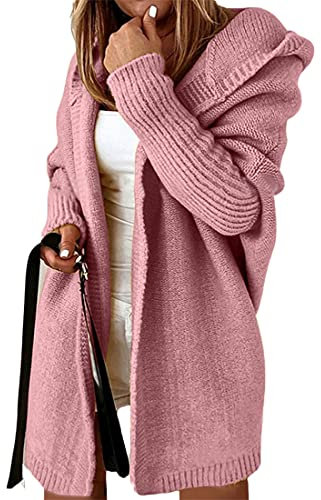 ORANDESIGNE Gilet Long Femme Hiver Cardigan Grande Taille Manches Longues Chic Tricot Grosse Maille Élégant Manteau Outwear D Rose S