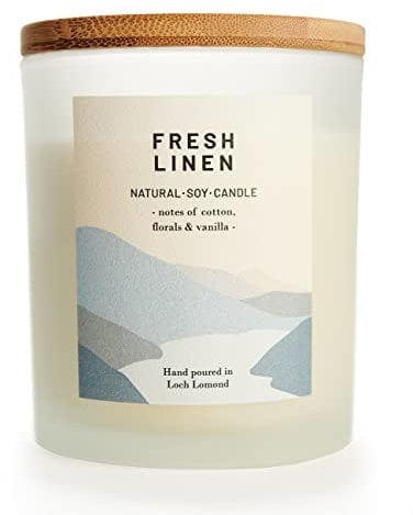 Fresh Linen - Organic & Vegan, Luxury Scented Soy Wax Candles. Hand Poured in Loch Lomond, Scotland | Ocoee House Limited (+8 Scent Options, x2 Sizes) 450g