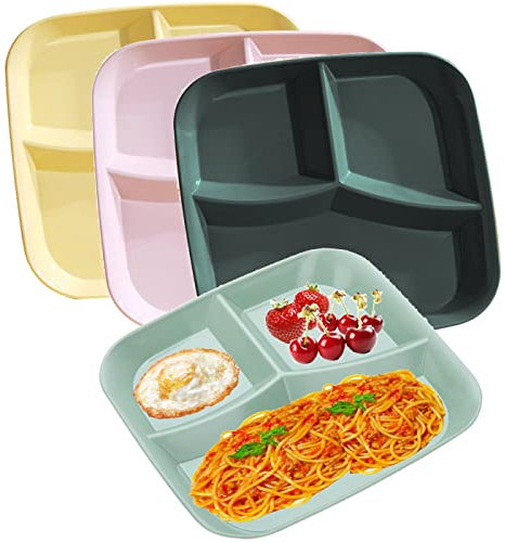 AIYoo 3 Section Divided Plate, 10 inch Plastic Plates for Food Salad,Dinner Plates Protion Control Serving Plate Microwave Safe,Rectangle Lunch Container for Student Adult Canteen,4Color