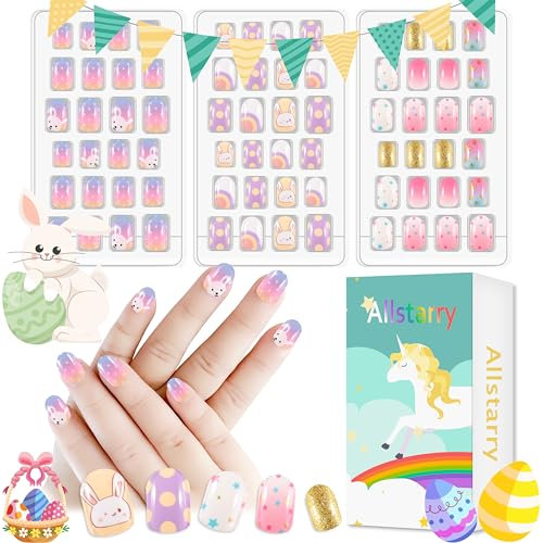 Allstarry Children Nails Press on Pre-glue Full Cover Rabbit Gradient Color Dot Short False Nail Kits Lovely Gift for Children Little Girls Nail Art Decoration -Purple Planet