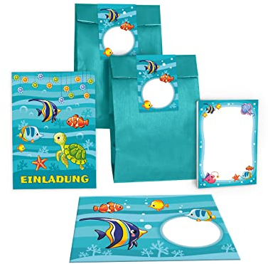 Junapack 12 Einladungskarten zum Kindergeburtstag Geburtstag Jungen Mädchen Fische incl. 12 Umschläge, 12 Tüten/petrol, 12 Aufkleber, 12 Blöcke