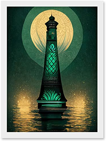 Doppelganger33 LTD Art Deco Lighthouse Great Gatsby Moonlight Emerald Artwork Framed Wall Art Print A4