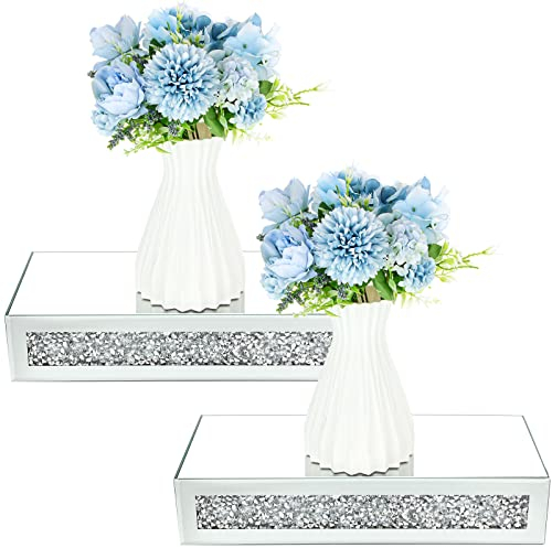 2 Stück Verspiegeltes schwebendes Wandregal Crushed Diamond Kristalle Wandregal Silber Glas Regale Dekorative Hängespiegel Regal Display Kante von Trophäe und Fotorahmen für Zuhause Badezimmer
