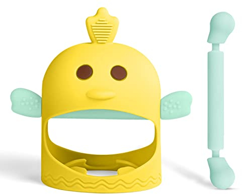 Vicloon Baby Teething Set, Teething Mittens for Baby, Silicone Mitten Teether Glove, Infant Soothing Pain Relief Mitt Baby Teether Mits for Baby, Babies Glove Teether Toys for Boys & Girls (Yellow)