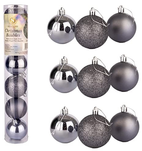 60 mm/6 Stück Weihnachtskugeln, bruchsicher, dunkelgrau, Weihnachtsbaumschmuck, Kugel, Ornamente, Kugeln, Weihnachtsdekoration, Urlaubsdekoration, glänzend, matt, glitzernd