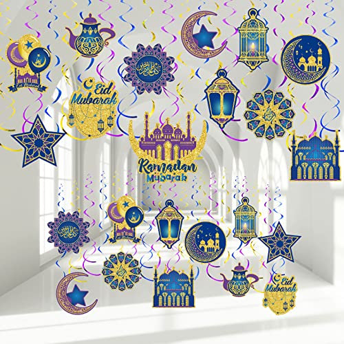 Zonon 30 Stück Ramadan Mubarak Wirbel Deko Leuchtender Eid Mubarak Hängender Wirbel Gold Stern Mond Laterne Deckenfolie Eid Ramadan Wirbel ür Eid Al-Fitr Ägyptische (Blau Dunkelviolett Gold)