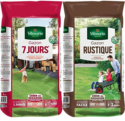 VILMORIN - Gazon 7 jours - Premières pousses dès 1 semaine - Pour créer un nouveau gazon/regarnir un gazon ancien - Installation ultra-rapide & 4460416 Gazon Rustique, Vert, 5 kg