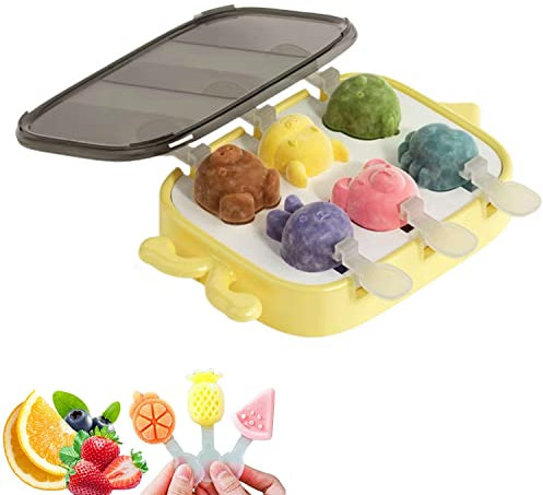 Alihoo Eisformen Eis am Stiel, 6 Klein Eisförmchen Popsicle Forme, Tier Früchte Mini Eisform für Kinder und Baby BPA Frei,Eis zum Selber Machen Formen mit Stiel und Deckel (Gelbe Tiere)