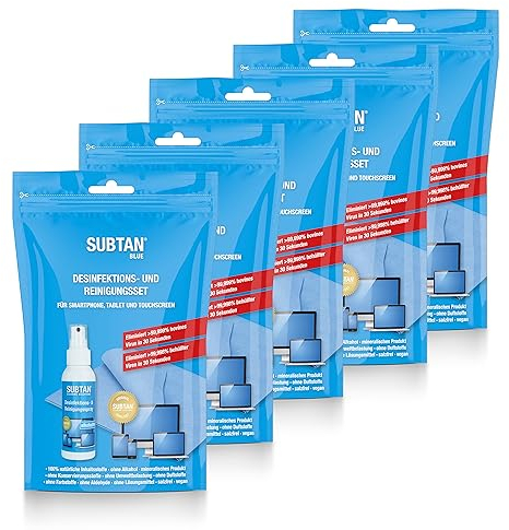 SUBTAN Blue Pocket - Desinfektion und Reinigung für Smartphone, Tablet und Touchscreen - 100 ml Desinfektionsspray 100% natürlich - ohne Alkohol - Displaytuch 30 x 38 cm - Made in Germany - 5 Sets