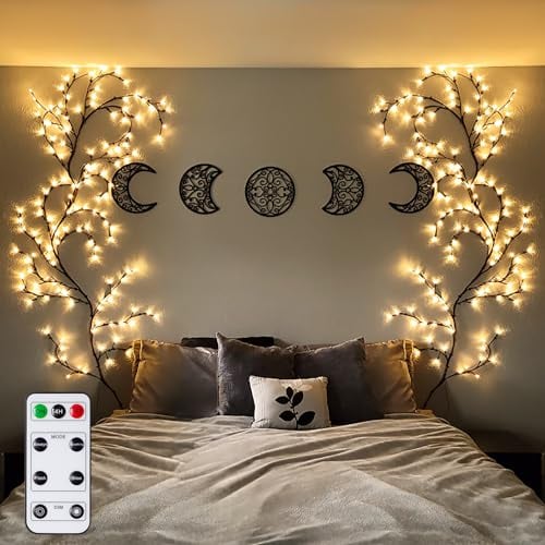 NEWNEN Willow Vine Twig Wall Lights: 144 LED Plug in Powered with Remote Control On/Off Timmer 5 Level Dimmable for Wall Indoor Bedroom Living Room Home Christmas Décor - 2 Pack Brown
