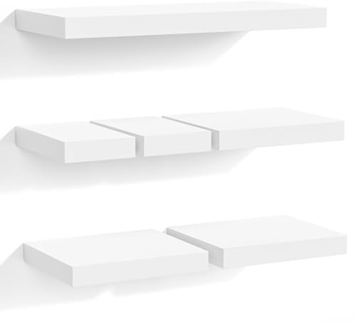 Love-KANKEI Floating Shelves Set of 6, White Floating Shelf for Wall Decor, Wall Shelves Wall Mounted, Wooden Display Storage Shelves for Bedroom Living Room Office, etc
