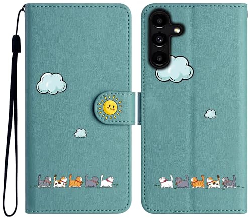 Aisenth Handyhülle für Samsung Galaxy A14 5G/A14, Niedlich Katze Tier Wolke Sonne PU Leder Handytasche Brieftasche Klapphülle Etui Flip Case Schutz Hülle mit Ständer, Magnet, Kartenfächer -Grün