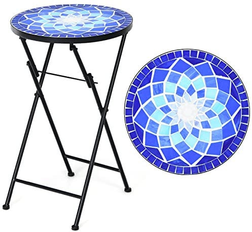 Multigot Folding Side Table, Garden Round Mosaic Bistro Table with Ceramic Tile Top & Non-slip Foot Pads, Outdoor Patio End Table Plant Stand for Backyard Poolside, Balcony (Blue Flower)