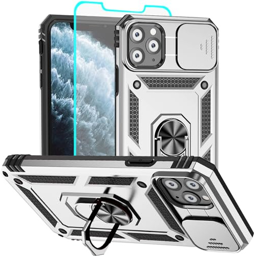 Aozuoton for iPhone 11 Pro Case with Screen Protector：Dual Layer Military Grade Drop Protection Magnetic Ring Kickstand - Camera Lens Protective Phone Case for iPhone 11 Pro silver