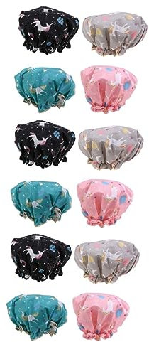 Healvian 12piezas Gorro De Diseño De Unicornio Doble Capa y Elástico Para Baños y Spa Verde Rosa Negro