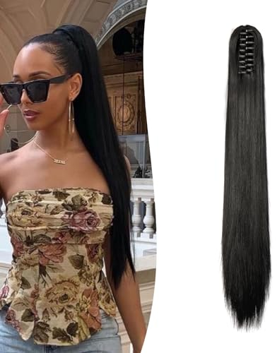 Gairyan 60cm Pferdeschwanz Haarteil Zopf Extensions Lang Glatt Klammer Claw Clip in Ponytail Extensions Synthetik Haare Extensions Gerade Haarteil Haarverlängerung für Frauen (Schwarz)