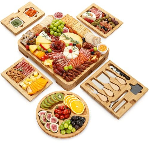 Charcuterie Boards Deluxe Geschenkset – 23-teilig, Bambus – großes Käsebrett plus Obsttablett als Geburtstagsgeschenk