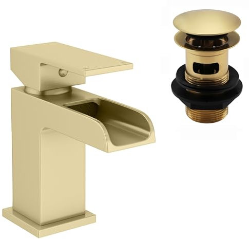 ENKI, Plaza, BBT0266, Brushed Brass Basin Mixer Tap, Square Waterfall Open Spout Design, with Slotted Pop Up Waste