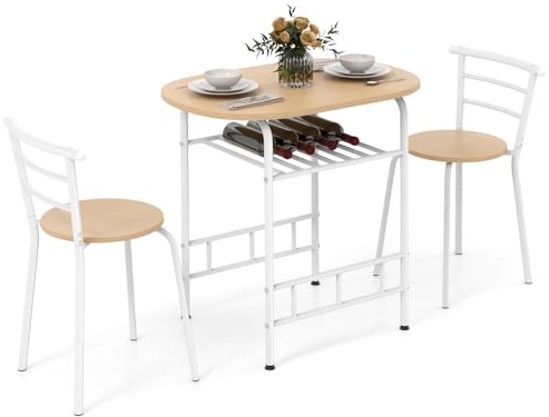 COSTWAY Essgruppe 3-teilig, Esstisch mit 2 Stühlen, Esszimmertisch mit Ablage, Esszimmergruppe Metallgestell, Sitzgruppe platzsparend, Küchentisch Set für Esszimmer, Küche, Bar (Natur+Weiß)