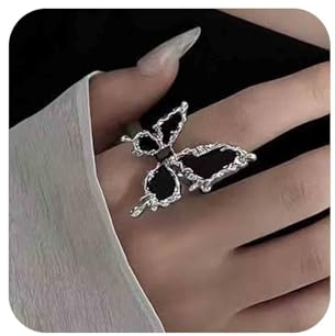 Aneneiceera Vintage Emaille Schmetterlingsringe Schwarzer Schmetterling Fingerring Gothic Asymmetrische Knöchelringe Punk Statement Ring Einstellbar Übertrieben Ringe Schmuck Für Frauen Und Mädchen