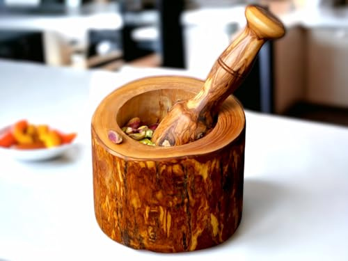 Natural Rustic Olive Wood Mortar and Pestle Set | Handmade Spices and Herbs Grinder Wooden Mortar with Pestle Nuts Smasher Bowl Garlic Press | Kitchen Essentials Rustic Decor (Natural Wood, 12 cm)