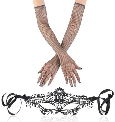 JCUGSBS Guanti lunghi a rete con strass, guanti a rete da pesca, guanti lunghi da donna, guanti in rete per feste serali,Con maschera per gli occhi