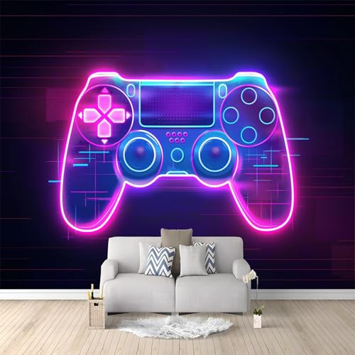 WHUOEUCO Papier Peint Panoramique Manette de jeu néon noir 350x256 cm intissé Poster Murale, pour Salon Chambre Chambre d'enfants restaurant Décoration Murale.