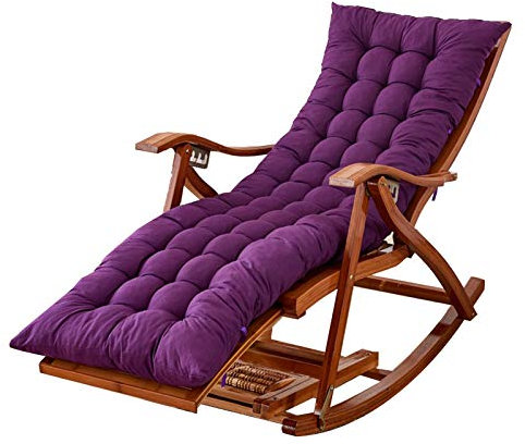 Sedia a dondolo in bambù con cuscino regolabile in cotone, poggiapiedi retrattile, portatile, sedia relax per esterni, giardino, piscine (cuscino viola incluso)