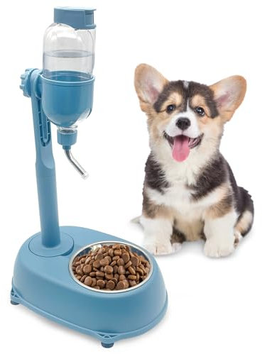 Fhiny Dog Water Feeder Bottle with Stand, Dispenser Automatic Water Food Bowl for Cage No-Drip Leak-Proof Adjustable Raised Pet Slow Water Bottle Dog Kennel Durable Drinker (Blue, 17oz)