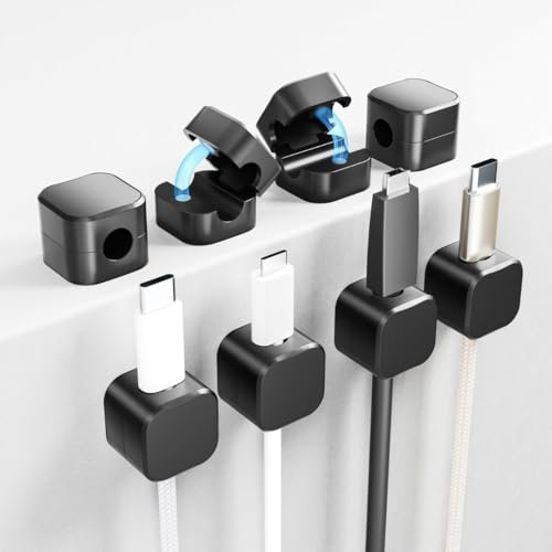 ATARAXIA HOME 8 Sujeta Cables Adhesivo Magnético, Organizador de Cables para Mesa y Escritorio, Recogecables Adhesivos, Magnetic Cable Clips para Ordenar y Sujetar Cables (8, Negro)