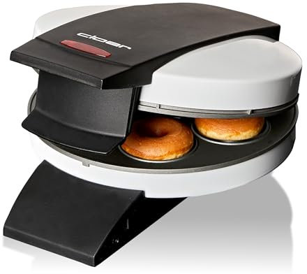 Cloer 6121 Donut Maker für 6 Mini-Donuts oder Bagels, Antihaftbeschichtung, rote Kontrollleuchte, platzsparend verstaubar, Kabelaufwicklung, Steckerdepot, 520 W, weißes Metallgehäuse
