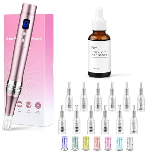 Dessnill 8-Speeds Dermapen Electric Microneedling Pen Microneedles Pen 0-2.5mm with 7 Model LED Light, with Hyaluronic Acid Facial Serum (Including 12 Needles Cartridges) (Pink)