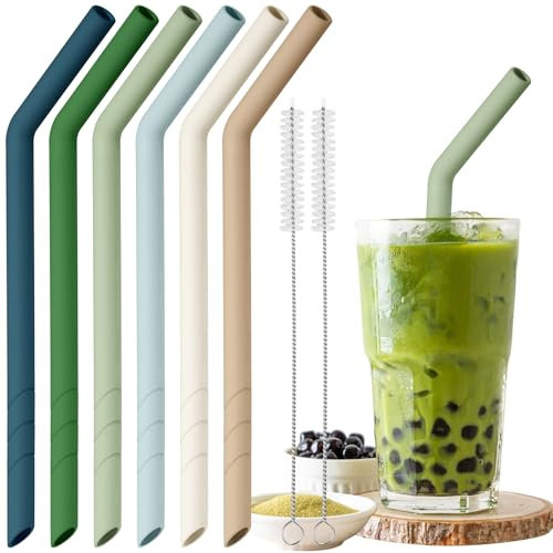 NiHome 6 Stück Silikon Strohhalme Wiederverwendbar, Extra Breite Trinkhalme für Boba, Smoothies & Bubble Tea – Zuschneidbare Länge, BPA-frei, mit 2 Reinigungsbürsten, Spülmaschinenfest(Naturfarben)