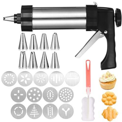 byepica Edelstahl Kekspresse Set, Metall Maker mit 13 Scheiben, 8 Spitzen und Pinsel zum Backen, Dekorieren von Keksen und Desserts