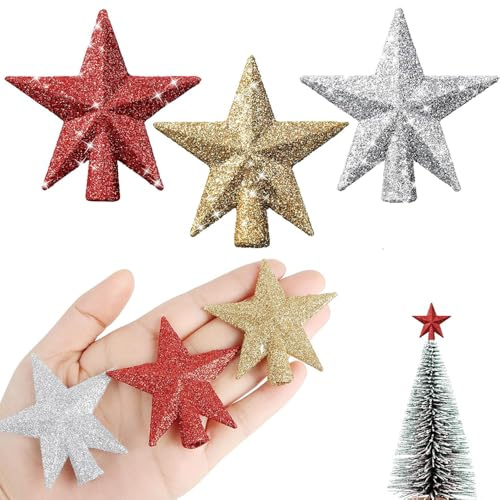 TIutmivo Weihnachtsbaumspitze Stern mit Glitzer, 6 cm, Mini Christbaumspitze für Tannenbaum Deko, 3 Stück