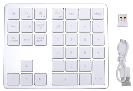 Topiky 35 Keys Bluetooth Número Pad para Laptop, Teclado de Número Inalámbrico de 2.4g Recargable, Teclado Numérico para Múltiples Dispositivos, Mini de Contabilidad Financiera (Blanco Plateado)