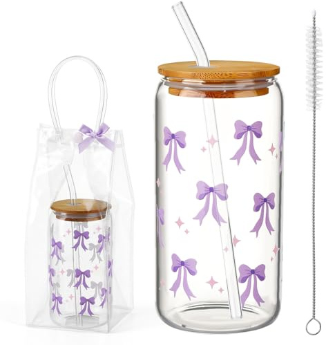 saerryor Glass Tumbler with Straw and Lid for Women Girls,16 oz Purple Bow | Glass Drinking Cup for Iced Coffee Bubble Tea Water, Birthday Gift for Mum Auntie Daughter Sisters Best Friend