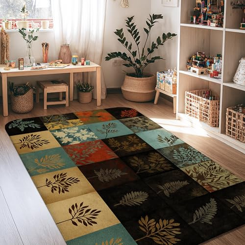 peiyeety Laub-Teppich, rustikaler Herbstblumen-Farn-Teppich, braun, kurzflorig, Schaumstoff, rechteckig, mit Kanteneinfassung, für Wohnzimmer, Schlafzimmer, Klassenzimmer, Wohnung