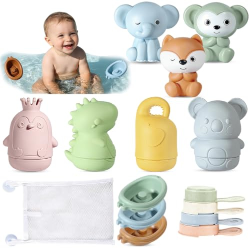 16 Stück Badewannenspielzeug, Baby Badespielzeug, Silikon Wasserspielzeug mit Spritztieren, Fingerpuppen, Booten und Badelöffeln, Spielzeug für die Badewanne und den Pool für Kinder von 1 bis 3 Jahren