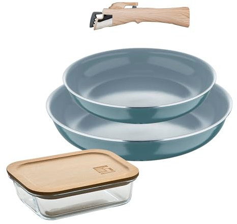 Bergner Click&Cook Juego de 2 Sartenes Ø24Ø28cm Aluminio prensado reciclado Verde con Mango extraíble+Hermético de 650ml en vidrio de borosilicato