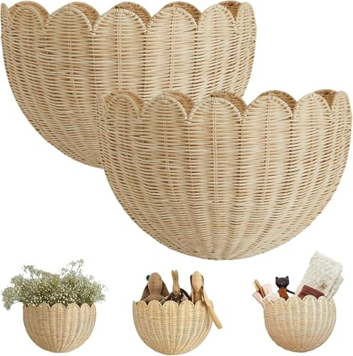 Wandkorb Geflochten Rattan Wand Hängekorb Geflochtener Boho Hängend Wandkörbe Blumenkorb Aufbewahrungskorb Deko Korb Storage Basket für Wohnzimmer Küchen Kinderzimmer Bad Schlafzimmer Flur (Klein×2)
