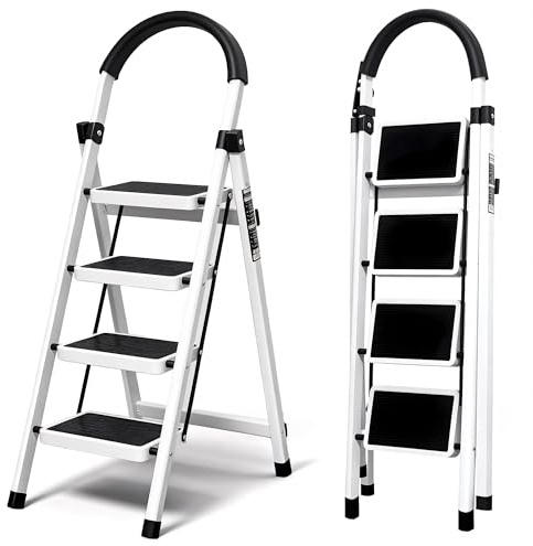 Escalera Plegable 4 peldaños con pasamanos y con Pedal Antideslizante | Taburete Multifuncional con Superficie | Escaleras Plegables Domésticas | Step Ladder para Hogar (4 escalones)