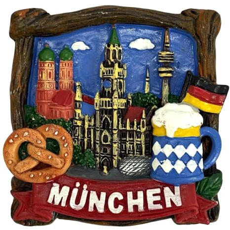 Kühlschrankmagnet Souvenir – München Sehenswürdigkeiten Motiv mit Bierkrug & Brezel, 3D Magnet – Reiseandenken Mitbringsel & Geschenkidee