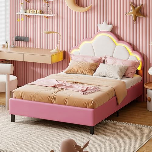 INONEFT Kinderbett 90x200 cm, Rosa Mädchen Prinzessinnenbett mit LED-Beleuchtung, Wolken Krone Verstellbares Kopfteil & Lattenrost, Bettgestell Bett aus PU-Leder für Schlafzimmer, ohne Matratze