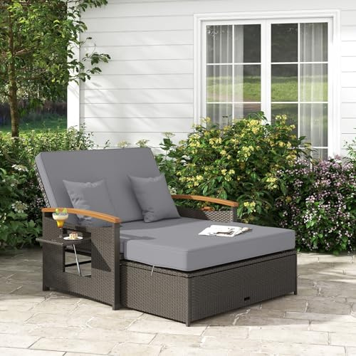 GIANTEX Lounge Möbel Outdoor, Gartensofa mit Liegefunktion, Outdoor Sofa | 3-in-1 Design, Stauraum, weichen kissen, Doppelliege Outdoor 2 Personen, Rattan Gartenliege, Gartenlounge, für Garten Balkon