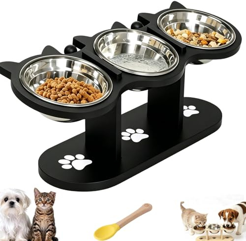 Antislip Elevated 3 Bowl Pet Feeder, Cat Bowls With Stand Tilted,Stainless Steel Raised Cat Bowl, 3-In-1 Food And Water Bowl Set for Cats, Puppy And Small Dog (Black (three bowls))